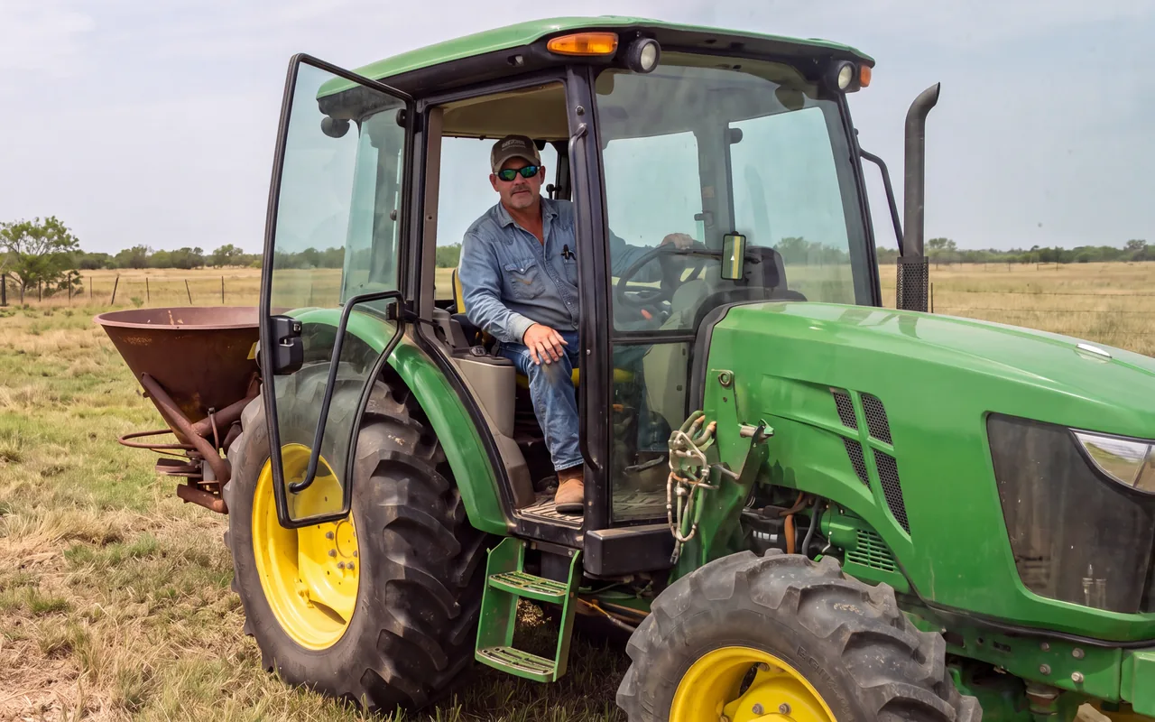 A rancher stopped on a Texas pasture, cab door open, iPhone mounted on the windscreen
